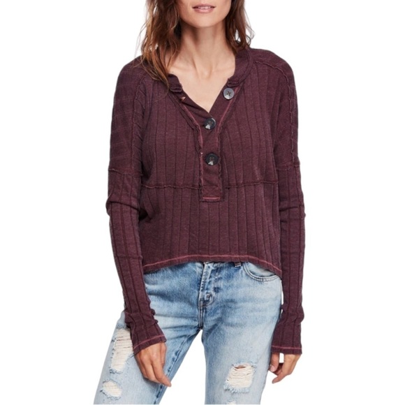 Free People Bohemian Grunge Ribbed Henley Boxy Top Raw Hem Plum Wine Size XS - Picture 6 of 17